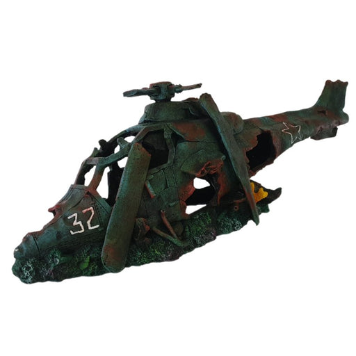 Large war helicopter aquarium ornament, military design, detailed features, aquarium decoration, focal point for aquatic tanks.