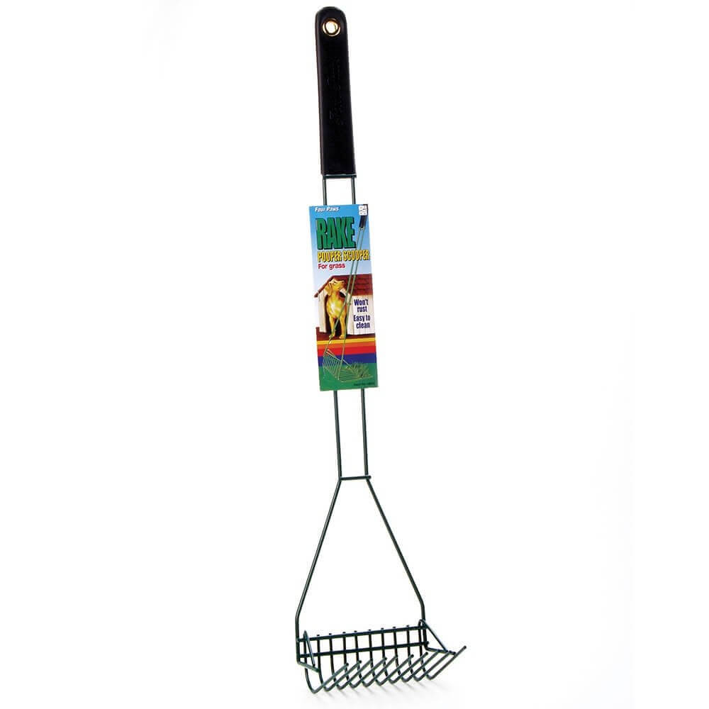 Wee Wee Wire Rake Dog Pooper Scooper for easy grass cleanup with rubber handle and spaced metal prongs.