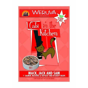 Weruva Mack Jack and Sam cat food pouch featuring salmon, mackerel, and skipjack tuna in gravy, grain-free and gluten-free.