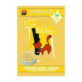 Weruva Cat Pouches Pumpkin Lickin' Chicken 85g packaging featuring a cat and bowl of chicken soup. Grain-free, gluten-free product.
