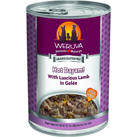 Weruva Hot Dayam Wet Dog Food can, featuring luscious lamb in gelée, grain and gluten-free, 14 oz.