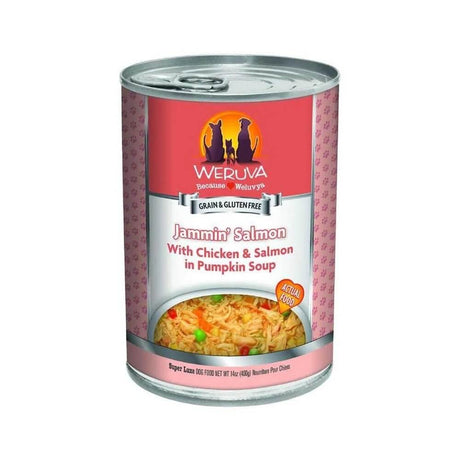 Weruva Jammin Salmon Wet Dog Food can featuring chicken and salmon in pumpkin soup, grain and gluten-free formula.