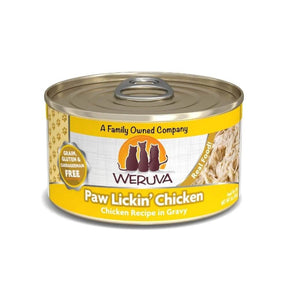Weruva Paw Lickin' Chicken wet cat food can, grain-free chicken recipe in gravy, 100% real meat for cats.