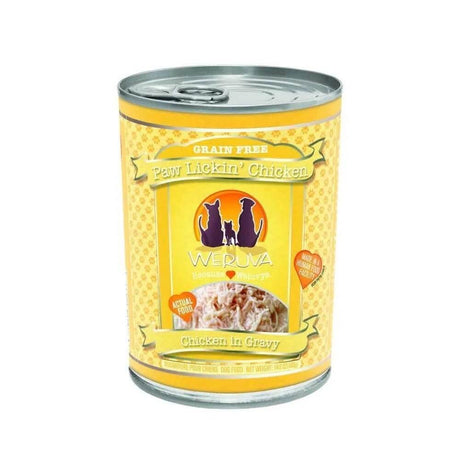 Weruva Paw Lickin' Chicken wet dog food can, grain-free chicken in gravy, pet food for dogs.
