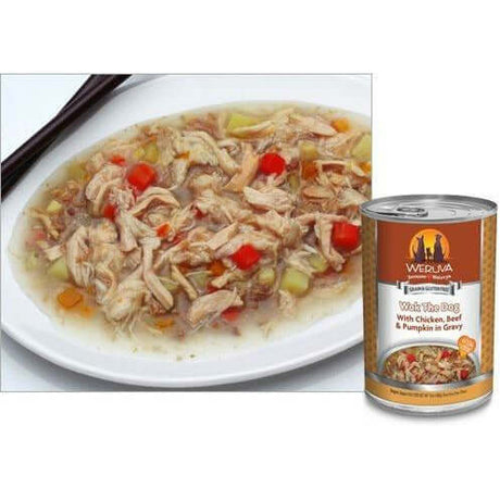Weruva Wok the Dog wet dog food featuring chicken, beef, and pumpkin in gravy served on a plate.