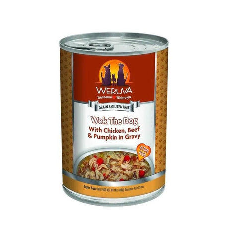 Weruva Wok the Dog wet dog food can with chicken, beef, and pumpkin in gravy, grain and gluten-free formula.