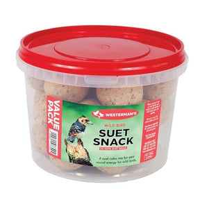 Westerman's Suet Snack Mini Ball Value Bucket containing 25 suet balls for wild birds feeding in the garden.