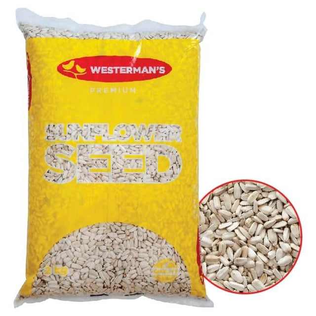 Westerman's White Sunflower Seeds packaging with close-up of seeds, rich in nutrients and lower in fat.
