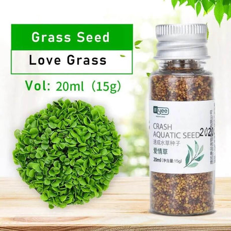 Yee Crash Aquatic Seeds bottle with grass seed and leafy carpet plant, ideal for easy planting and vibrant aquarium decor.