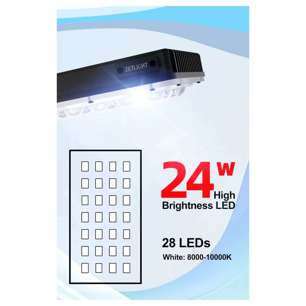 Zetlight E3 Series LED light with 24W high brightness and 28 LEDs, ideal for freshwater aquariums, white light 8000-10000K.