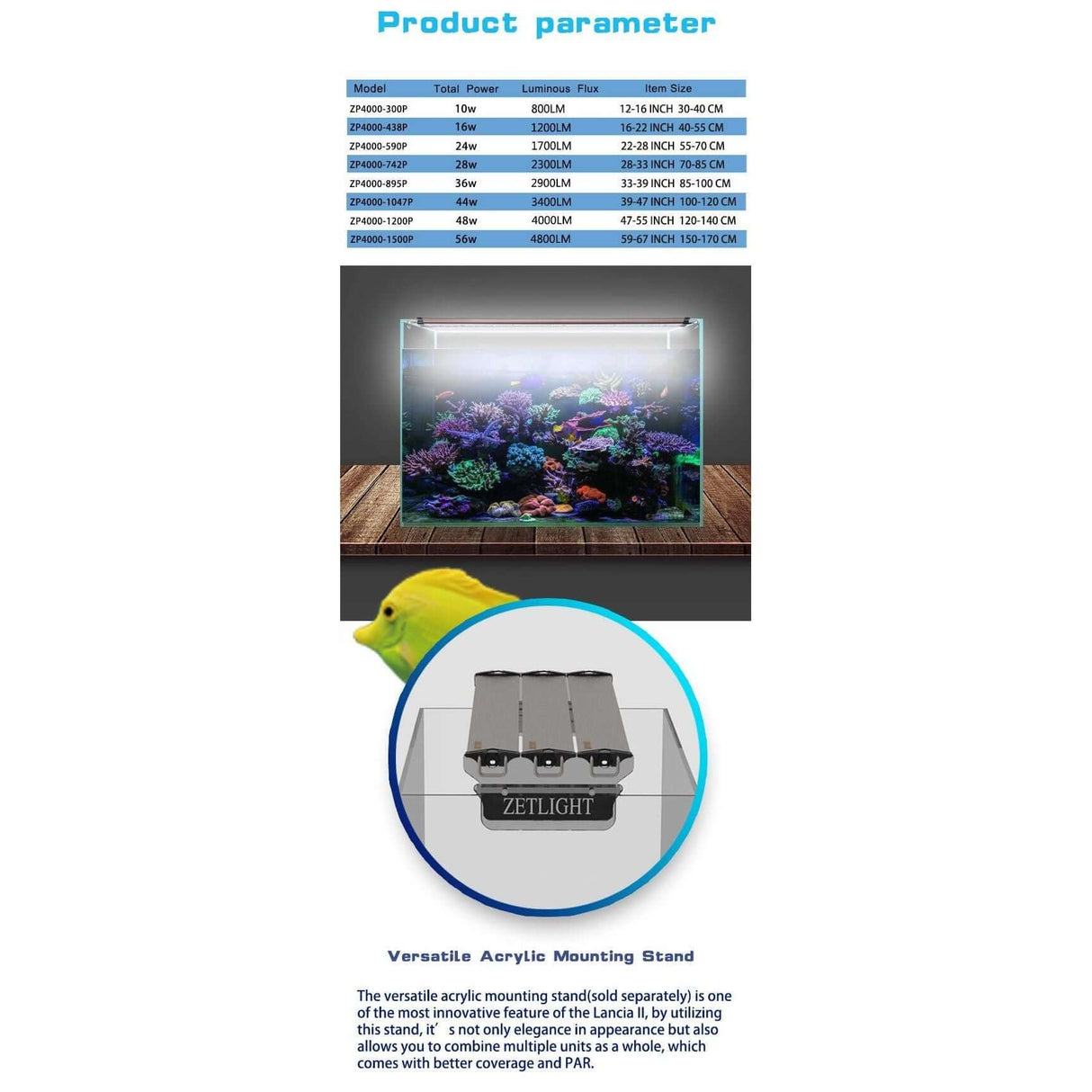 Zetlight Lancia 2 LED light parameters and versatile acrylic mounting stand for marine aquariums.
