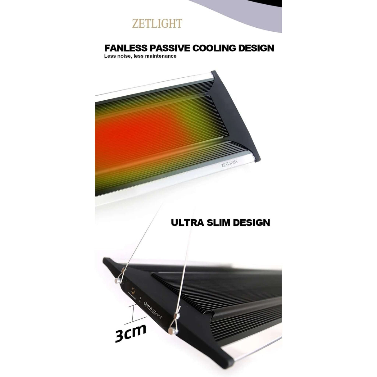 Zetlight Qmaven II Q6-90 Marine LED light showcasing fanless passive cooling and ultra-slim design features.