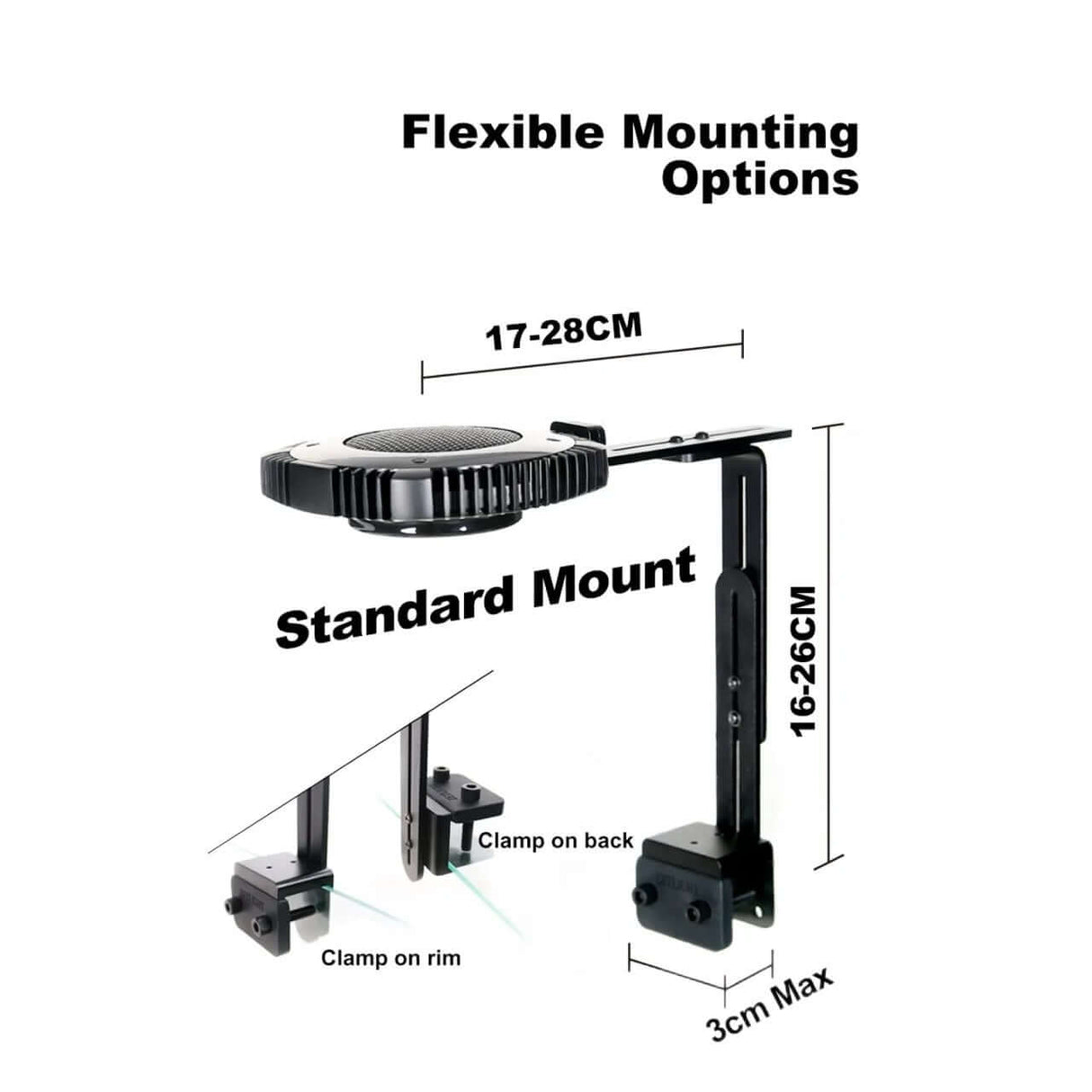 Flexible mounting options diagram for Zetlight X9 Aluminum Bracket with adjustable dimensions and clamp details.
