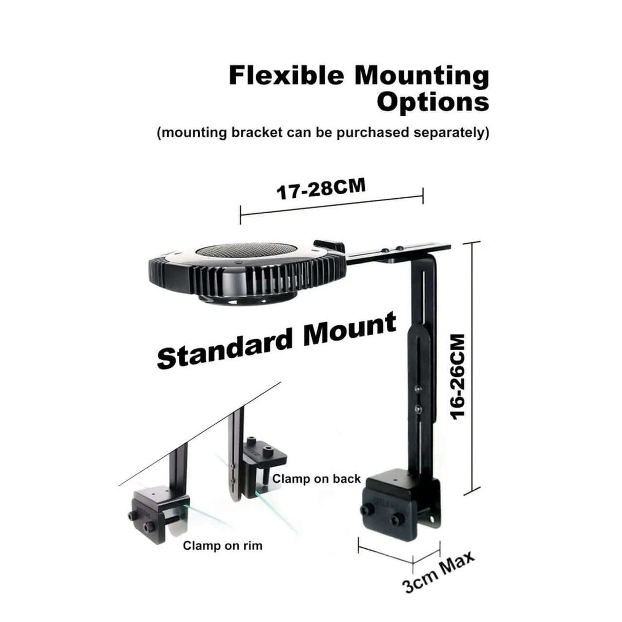 Flexible mounting options for Zetlight X9 Marine LED Light; adjustable clamps for various attachment heights.